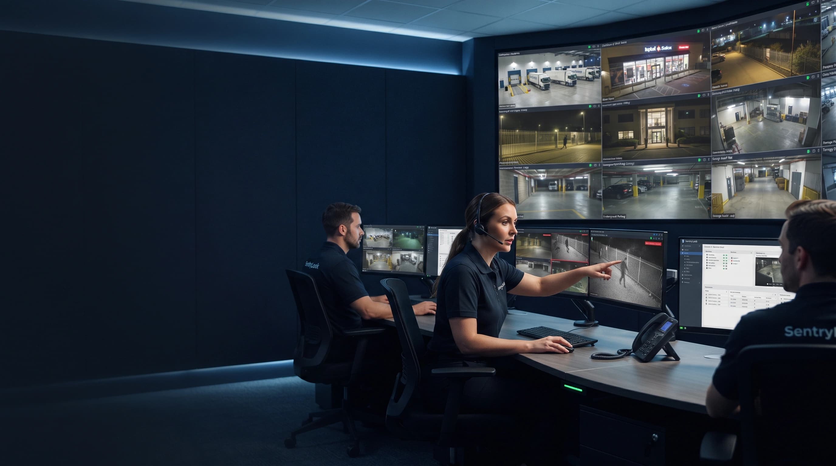 Professional monitoring operator reviewing live camera feeds in a modern security operations center